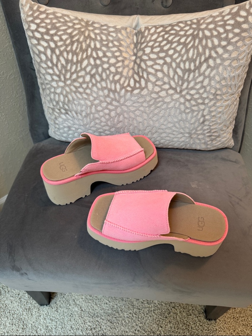 UGG Pink Platform Slide Sandals with Chunky Tan Sole